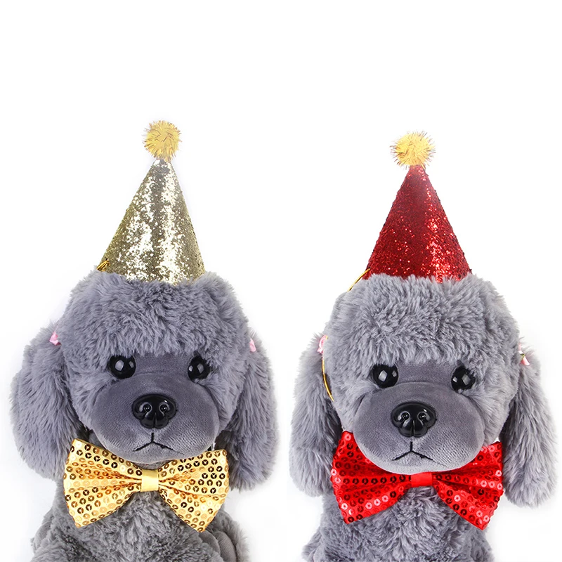 

1/2Pcs/set Pet Dogs Caps With Bowknot Cat Dog Birthday Costume Sequin Design Headwear Hat Christmas Party Festival Decoration