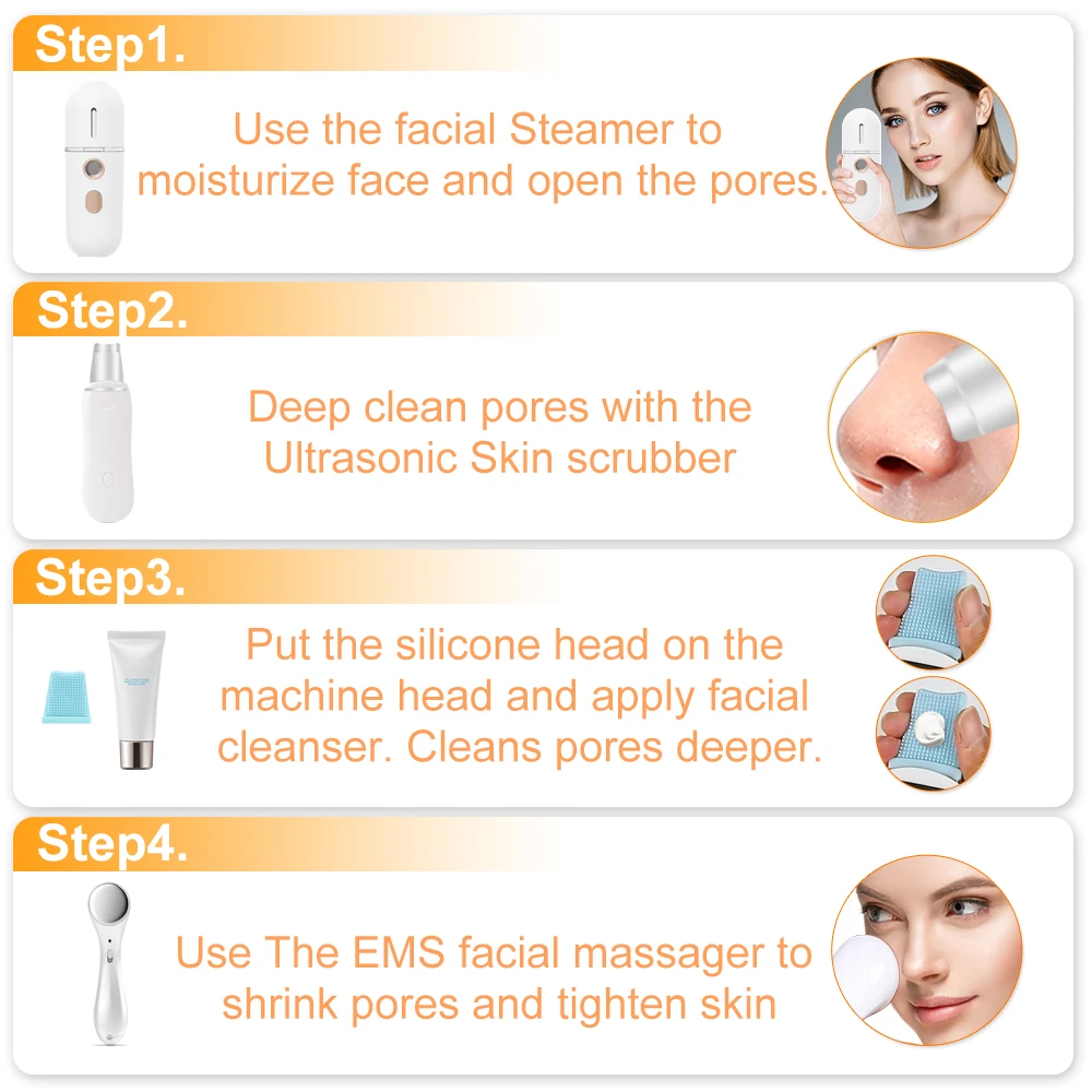 Ультра звуковой скруббер массажер для лица удаления угрей 3 + комплекта