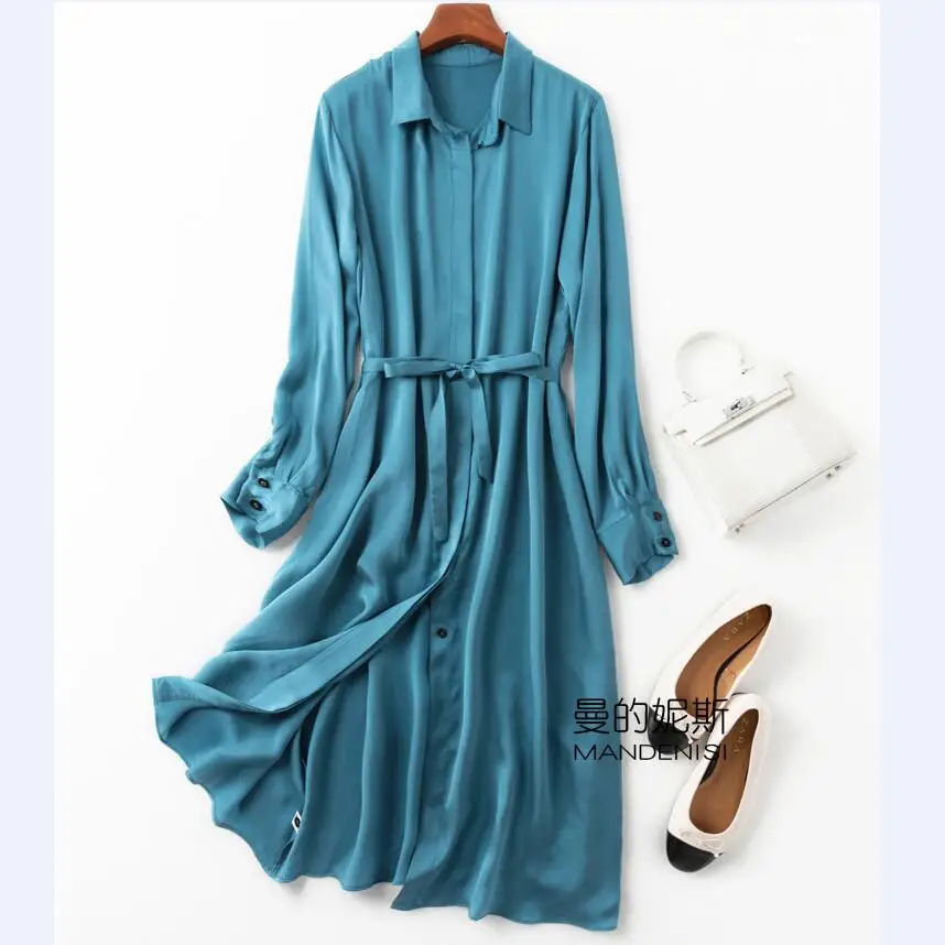 Женское платье рубашка из 100% чистого шелка однотонное длинное с воротником и
