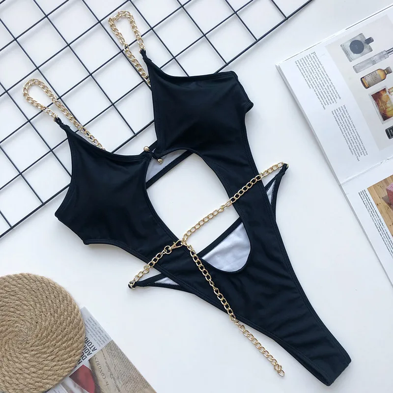 

2021 Sexy Hollow Chain Swimwear Women Thong One Piece Swimsuit Monokini Beach Badpak Mujer Trikini Banador Bikini Maio Biquini