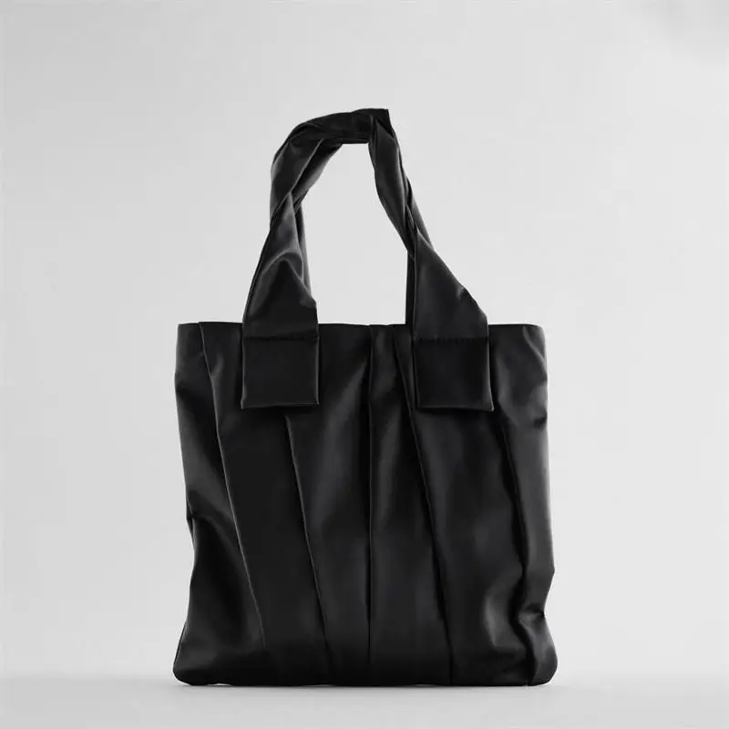 

Z New Women Shoulder Bag College Style Large Capacity Black Pleated Flat Totes Designer Handbags High Quality Portable Shopper