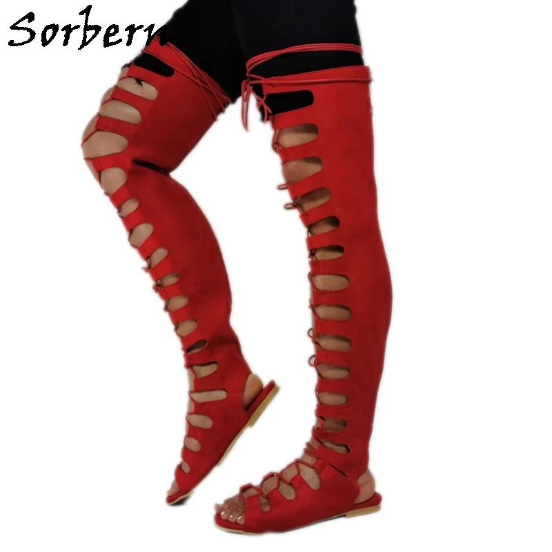 

Sorbern Red Flock Summer Sandal Flat Heels Long Boot Style Lace Up Front Shoes Mid Thigh High Flexible Female Shoes Sandals