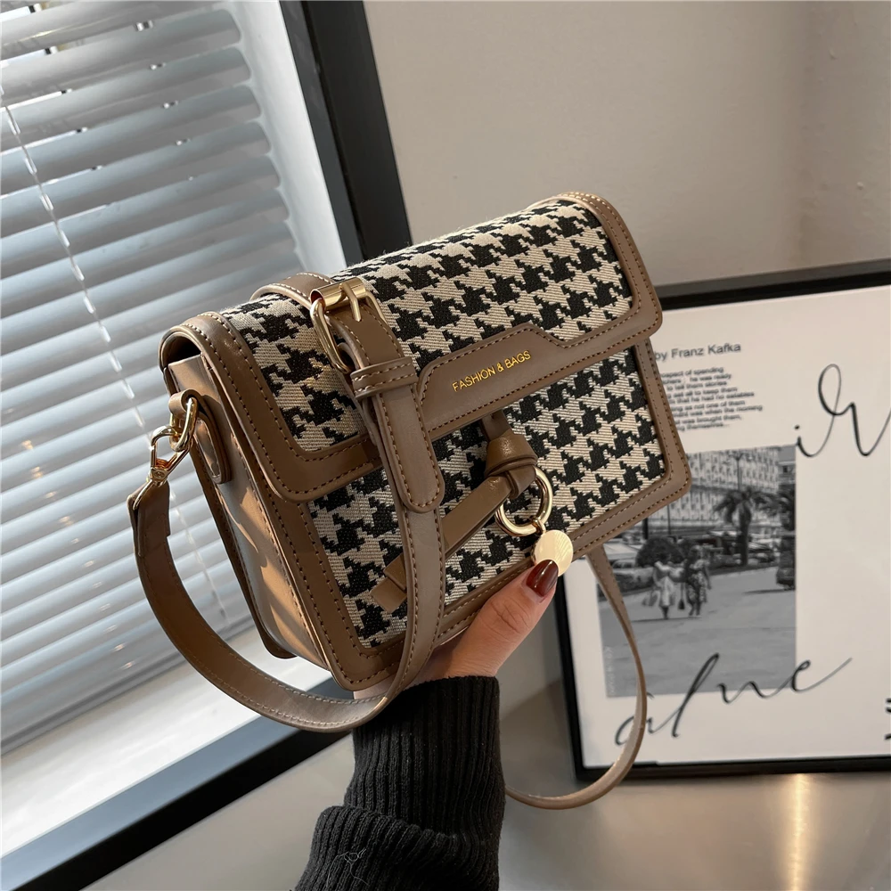 

Vintage Houndstooth Plaid Small Shoulder Crossbody Bags For Women Brand Designer Woven Cloth Flap Ladies Handbags Autumn 2021