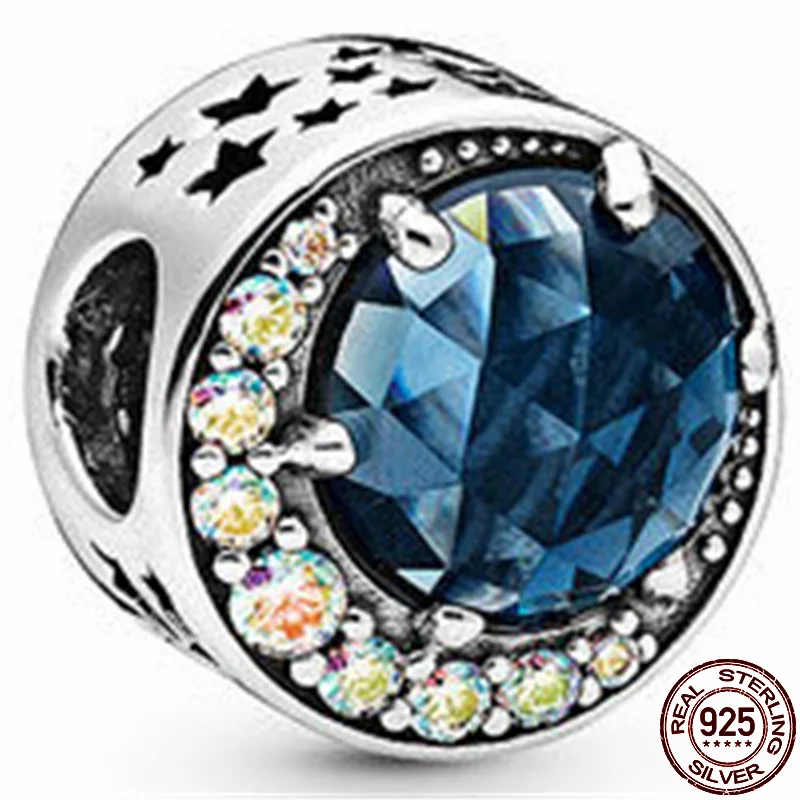 

925 Sterling Silver Blue Star Flower Carving Night Sky Fit Original 3mm Bracelet& Bangle Making Fashion DIY Jewelry For Women