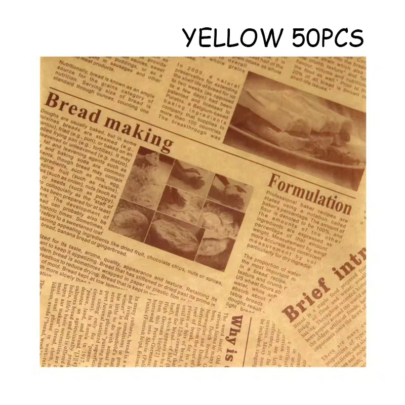 yellow 50pcs С восковым покрытием Бумага обертка для масла Бумага газетный рисунок Бумага Еда Класс жиропоглощающие салфетки 22*22 см/50/100/200 шт - Цвет: yellow 50pcs