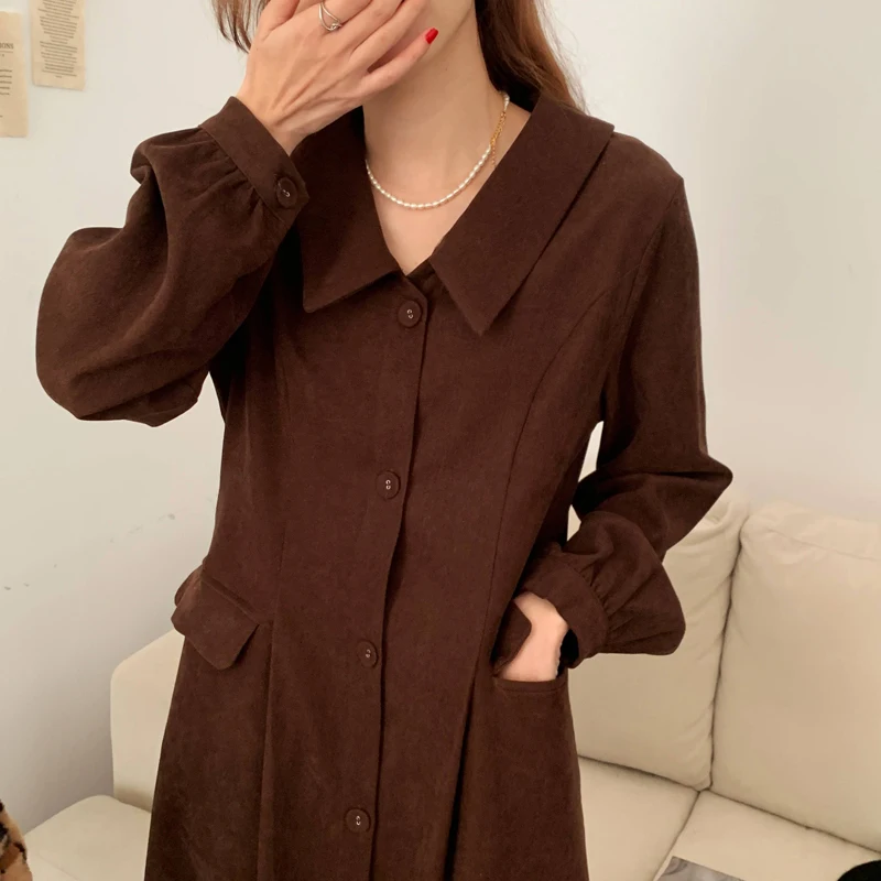 

Fashion Dress Women's Casual Corduroy Sundress 2021New Stylish Spring Lapel Maxi Vestidos Bandge Female Clothes