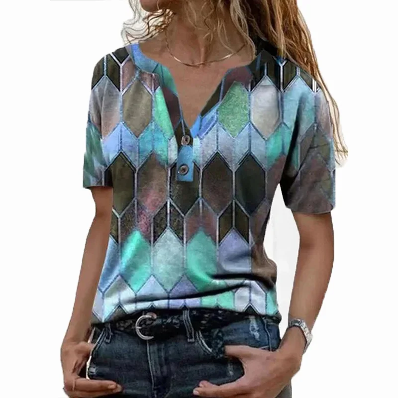 

Women Casual V Neck Button T Shirt 2021 Spring Summer Geometric Print Tee Shirts New Fashion Short Sleeve Streetwear Shirt Tops