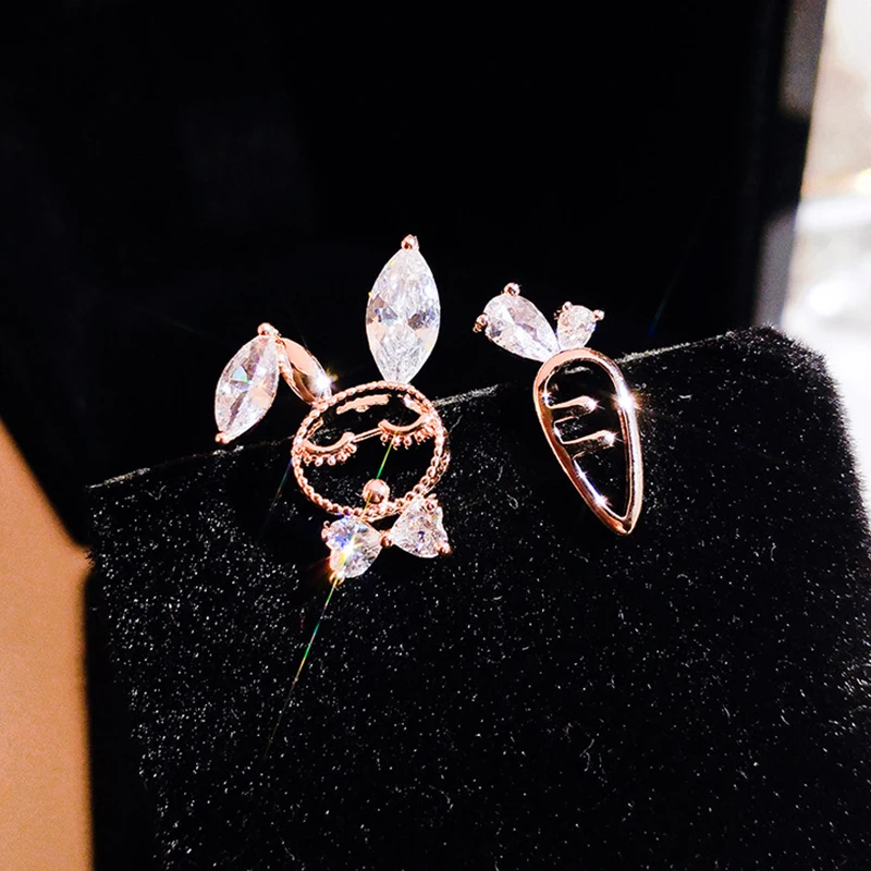 

New Fashion Fine 14K Real Gold Cute Little Bunny Earrings for Women Asymmetry High Quality Jewelry AAA Zircon S925 Silver Needle