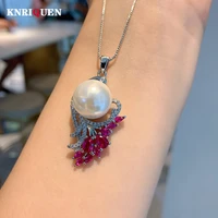 charm created ruby 14mm white gold big pearl pendant chain necklace for women gemstone anniversary gift party fine jewelry gift