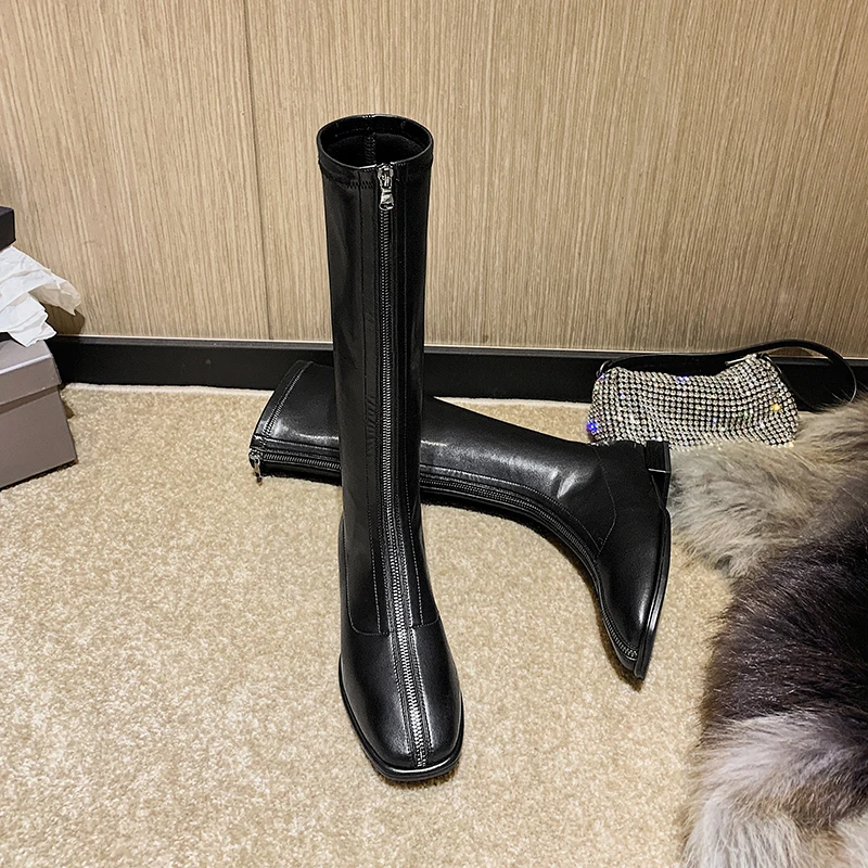 

INS HOT Women knee-high boots Microfiber shoes plus size 22-26.5cm length autumn and winter Square toe front zipper long booties