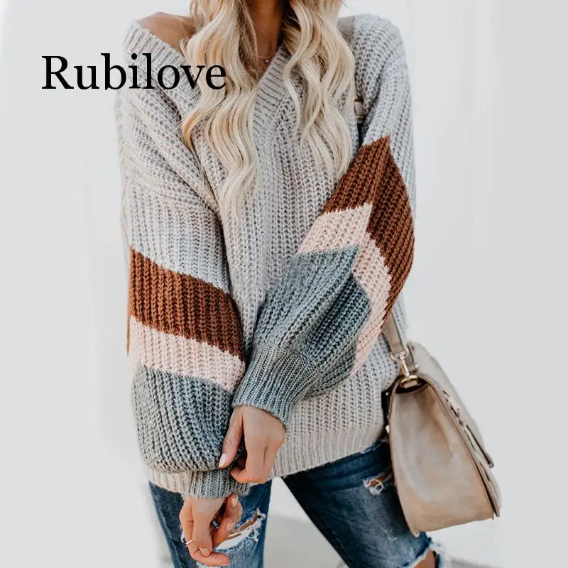 

Rubilove 2019 Autumn Winter Women Knitted Sweater Loose Casual Striped Knitted Pullover Jumper Pull Femme
