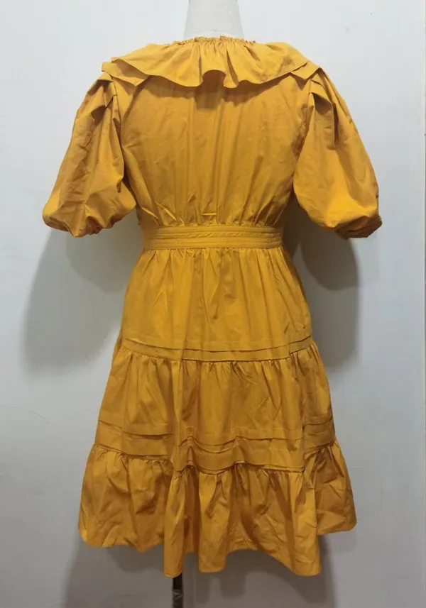 

European fashion V-neck Ruffle bubble sleeve short sleeve bandage waist stitching yellow dress