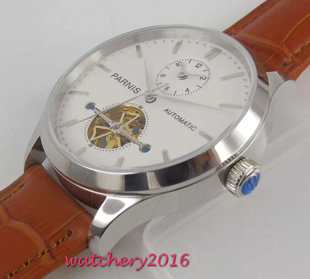 Мужские наручные часы PARNIS GMT с белым циферблатом и кожаным ремешком 43 мм|Мужские