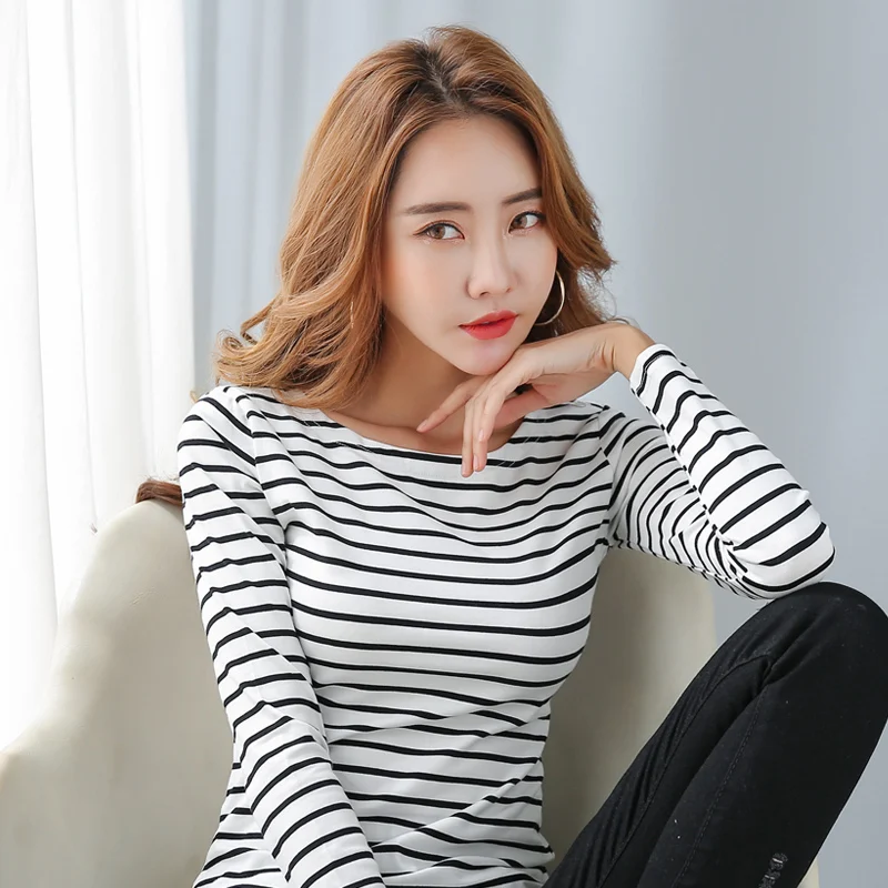 

Long Sleeve Women Cotton Stretchy T-shirt Plus Size Casual Basic Striped Tshirts Spring Autumun Tops Tee S-5XL