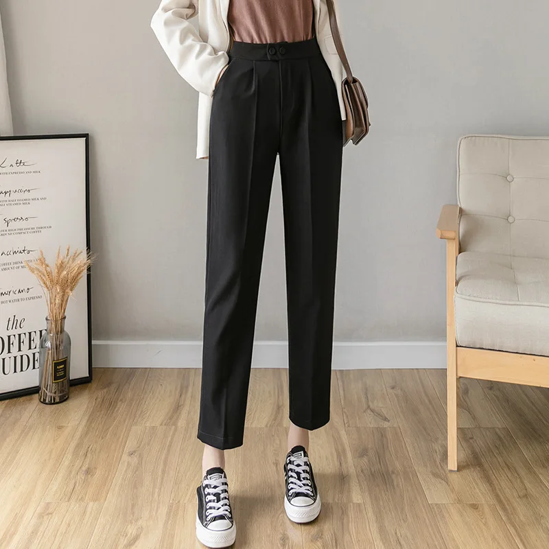 

2021 Spring Summer Black Ankle-length Pants Women's Pockets Button Fly Harem Pants High Waist Office Ladies Work Trousers