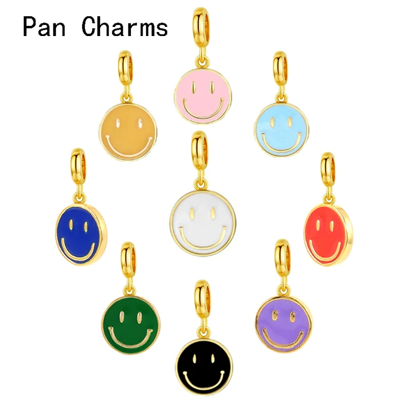 

Wholesale Homemade Fashion Candy Colors Smiley Gold Color Metal Circle Pendant Bead For Pandora Charm Jewelry Making DIY