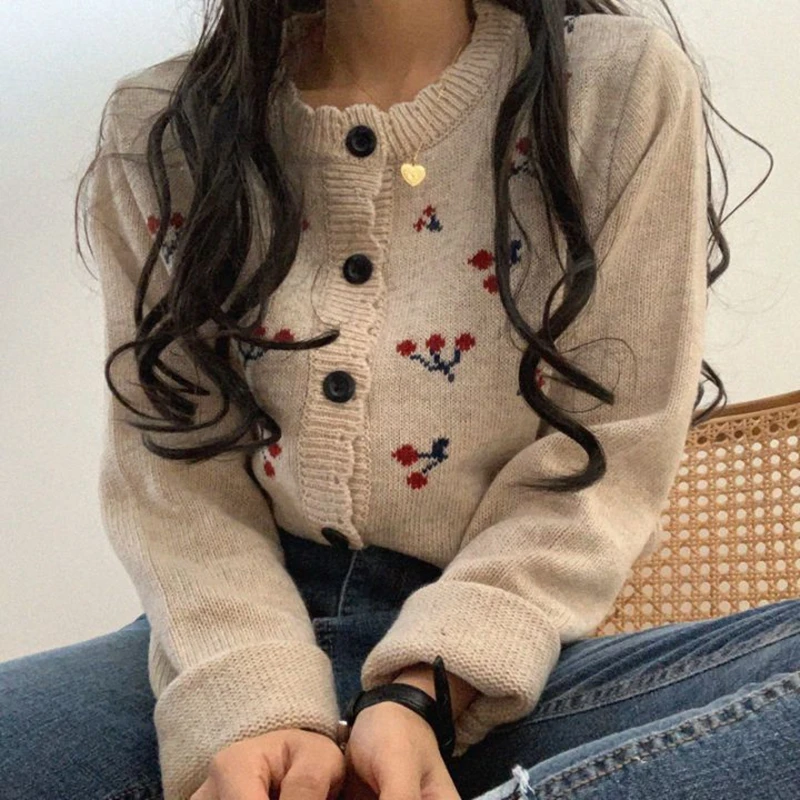 

Autumn And Winter Cardigan Sweater Jacket Korean Girl Foreign Style Cherry Jacquard Thick Petal Collar Winter Clothes Women