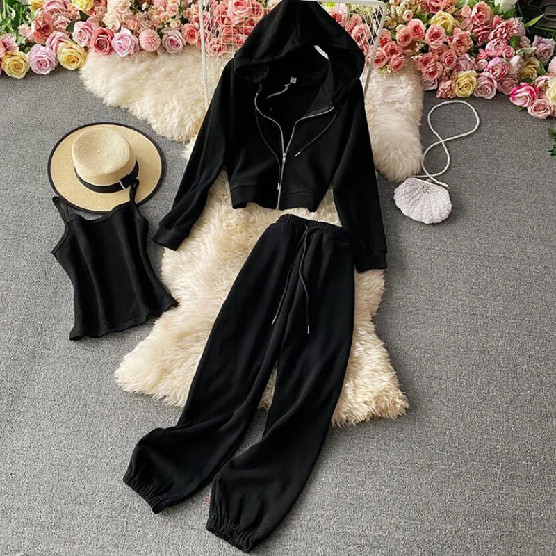 

2021 Casual Sportswear 3 Pieces Women Long-sleeve Short Jacket Cardigans Sling Tops + Casual Zipper Hoodies Tracksuits Crop Top