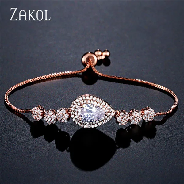 Rose Gold 100 ZAKOL, браслет из белого золота с регулируемой цепочкой, браслет с кубическим цирконием, браслеты и браслеты для женщин, ювелирные изделия FSBP2094 - Окраска металла: Rose Gold 100