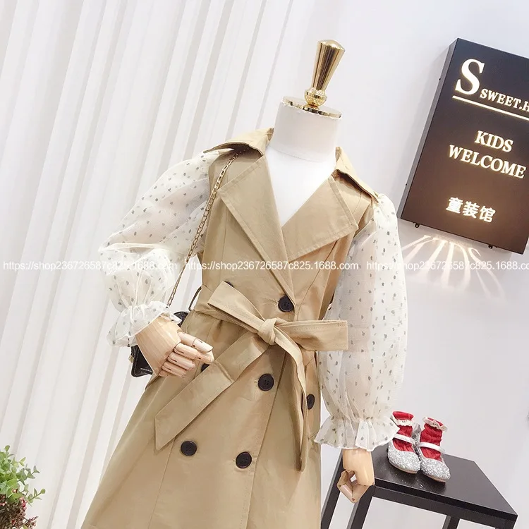 Children's clothing 2020 spring new girl fashion net yarn sleeve stitching in the long windbreaker tide | Детская одежда и