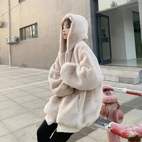 2021 women korean loose plush fleece winter warm coat female faux rabbit fur new thick hooded long coat casual jacket oversize