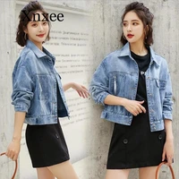 spring and autumn denim jacket women short height short jeans coat girls korean style loose fit cool college style tops blue