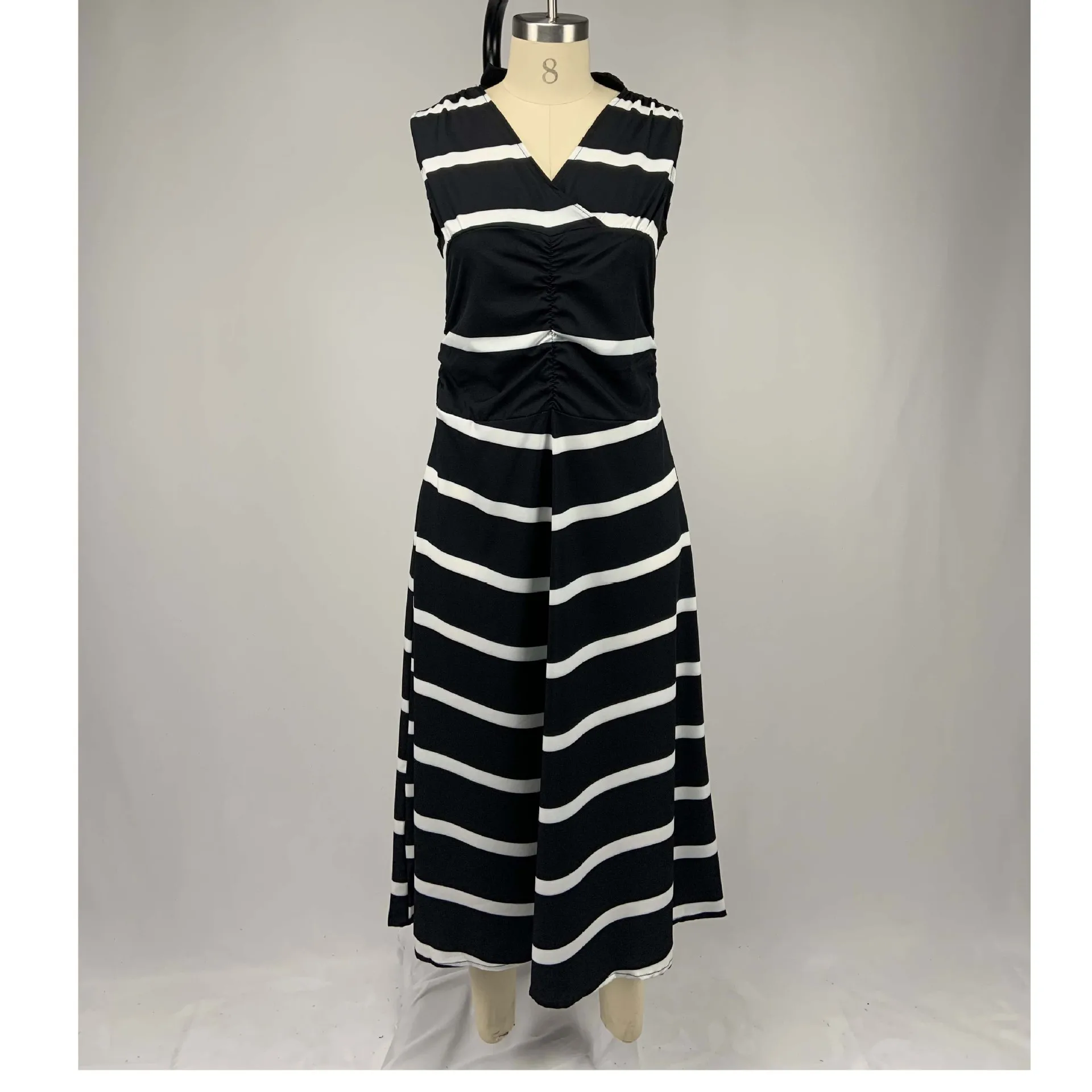 

2020 Fashion V-Neck High Waist Striped Print Slim Fit Maxi Long Skirt Sleeveless Dress