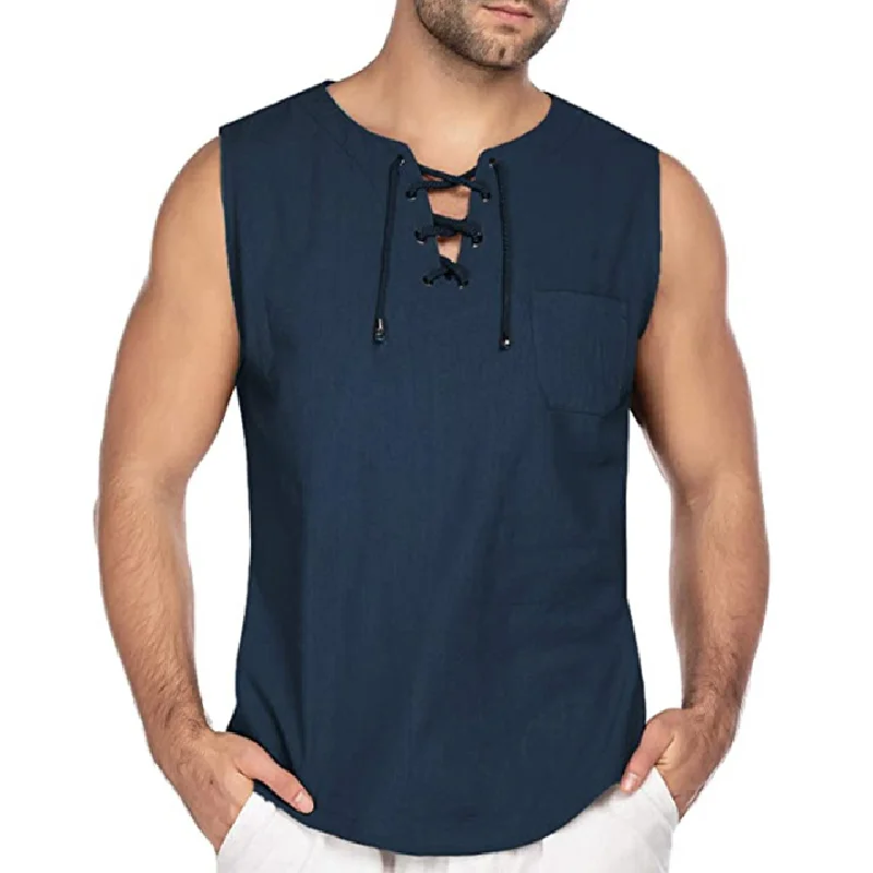 2021new Summer Fashion Casual Men's Pure Color Linen Sleeveless Sport Loose Lacing Men Tank Tops