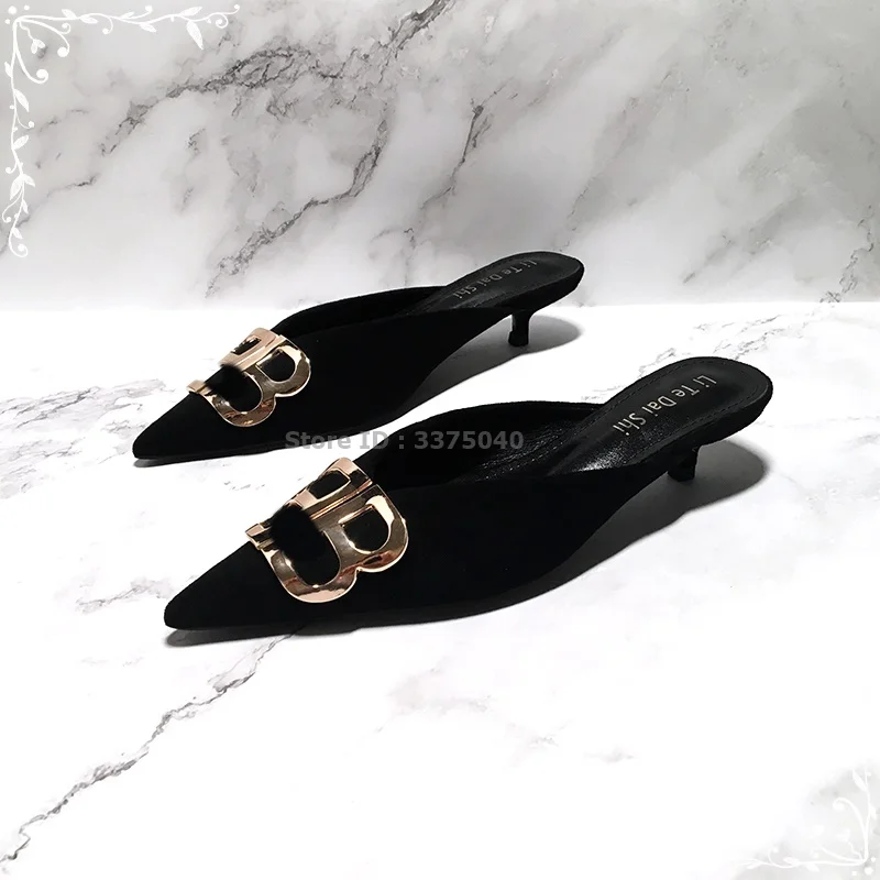 

Women's Outer Wear Summer Metal Button 2021 New Pointed Toe Slipper Half-Drag Muller Shoes Low Heeled Stiletto Sandals 3cm