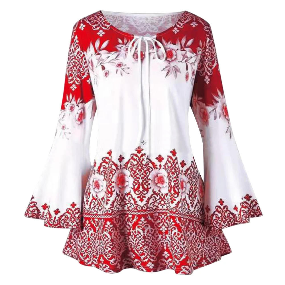 red MoneRffi Для женщин блузка рубашка с длинными рукавами Сексуальная Печать Волнистый подол облегающее платье туника галстуком-бабочкой блуза Для женщин Волнистый подол блузка - Цвет: red