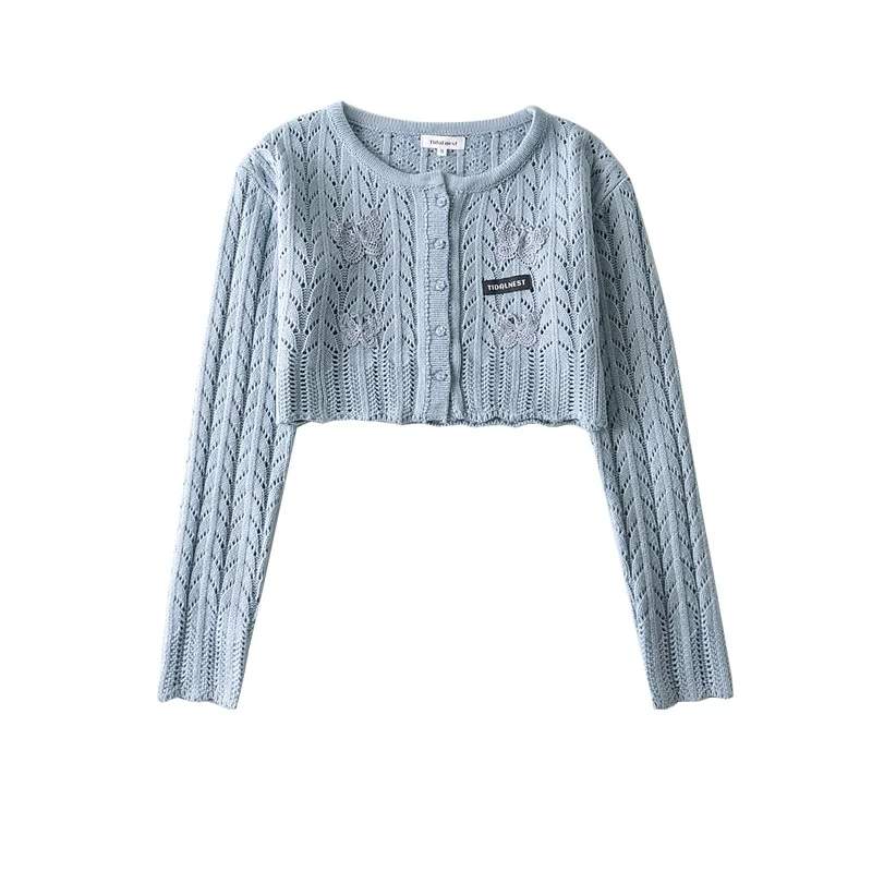 

Butterfly Embroidered Hollow Thin Sweater High Waist Short Chic Small Coat Early Spring New Women's Western Style All-Matching