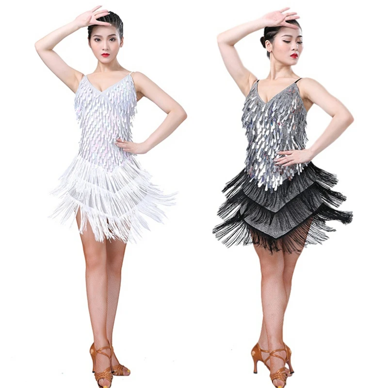 

Women Ladies Dance Dress Fashion Personality Drop V-neck Sling Sequined Skirt Fringed Skirt Latin Dance Performance Clothing