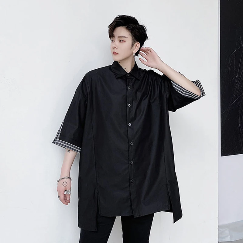 Мужская рубашка в полоску голубая Свободная с коротким рукавом и разрезом