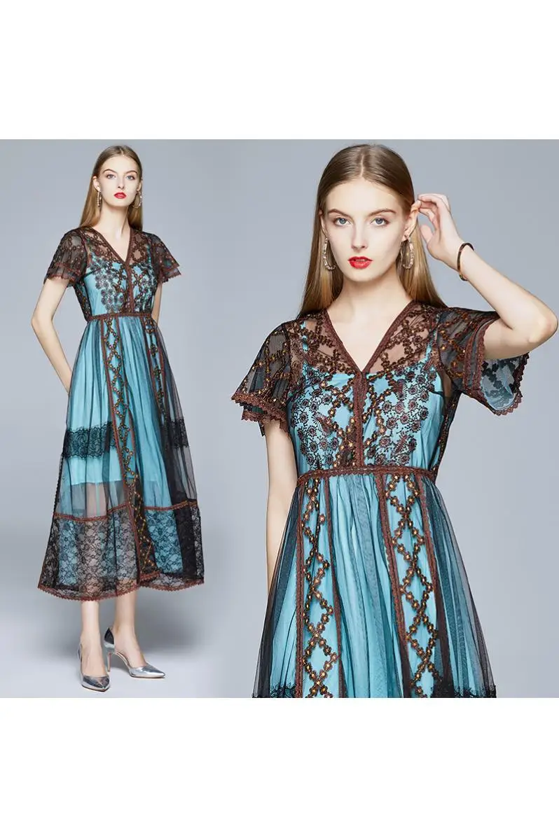 

Summer New Goddess Elegant Women Dresses Fashion Short Sleeve A Line Dress Temperament Lace Dress