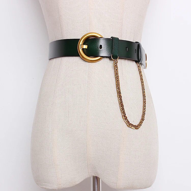 

Women's Runway Fashion Genuine Leather Chain Cummerbunds Female Dress Corsets Waistband Belts decoration Wide belt TB1575