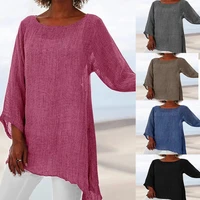 women blouse solid color loose long sleeve shirt female retro casual o neck thin tunic cotton linen irregular tops