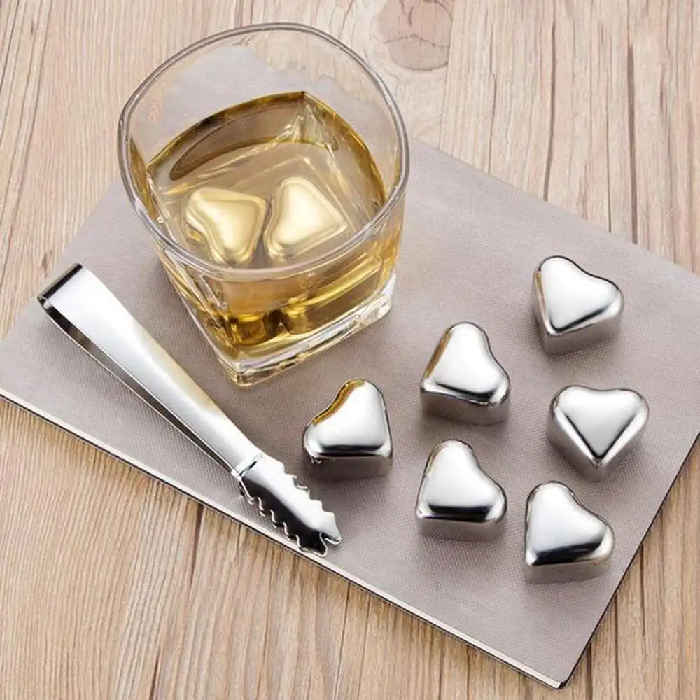 

4Pieces Chilling Rocks Stainless Steel Heart-shaped Reusable Ice Cube With Clip For Cooling Wine Drink Kit Bar Kitchen Supplies