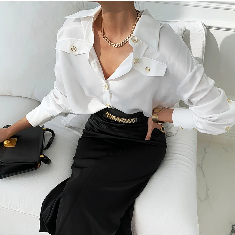 Новинка Весна 2021 Офисная Женская белая шифоновая блузка с длинным рукавом на