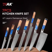 wak 7pcs kitchen knives set damascus steel chef knife cleaver bread paring knife set blue resin and pakka wood handle knives set