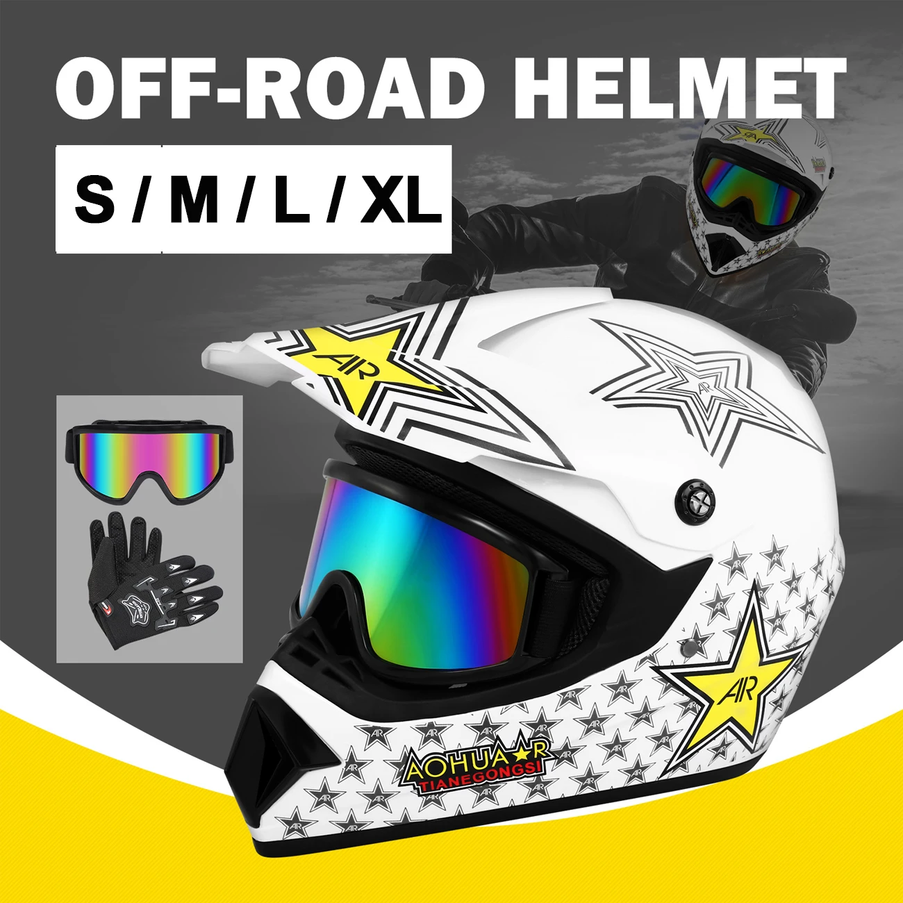 

Honhill Off Road Motorcycle Helmet Full Face W/Goggle Gloves Professional Motocross Helmet For Dirt Bike ATV White Color