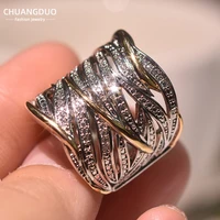 micro inlaid zircon winding multilayer gold color geometric irregular two tone feather ring for women party jewelry accessories