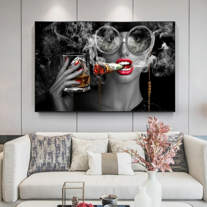 

Bar Wall Decor Cool Smoking and Drinking Gril Poster Print on Canvas Fashion Makeup Woman Wall Pictures Home Decoration No Frame