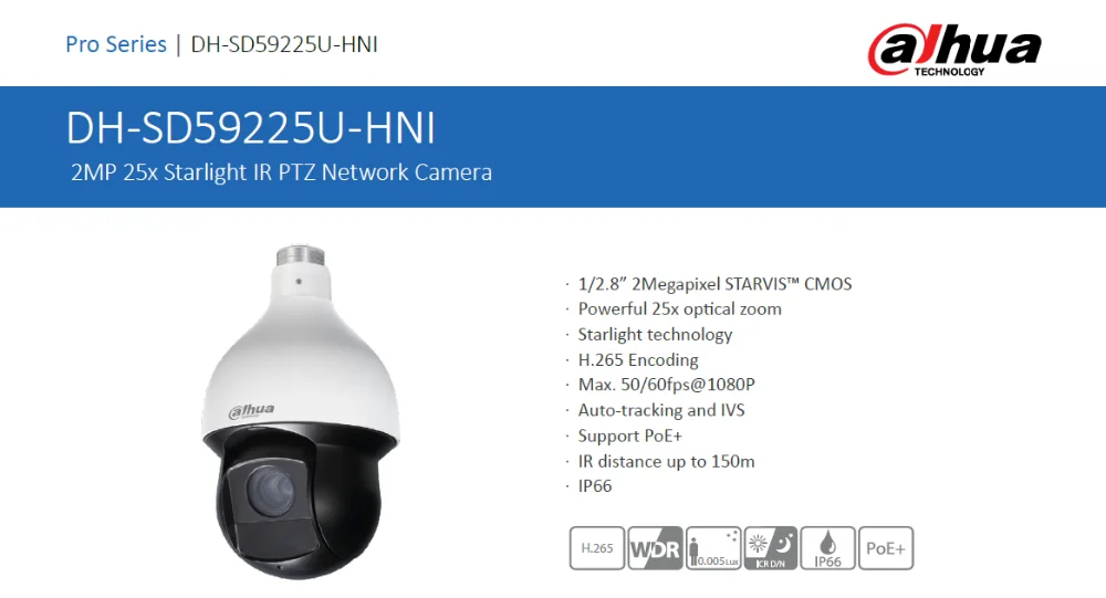 DH-PTZ-SD59225U-HNI 2MP 25x Starlight IR PTZ сетевая ip-камера 4,8-120 мм 150 м IR Starlight H.265 кодирование автоматическое отслеживание IVS PoE