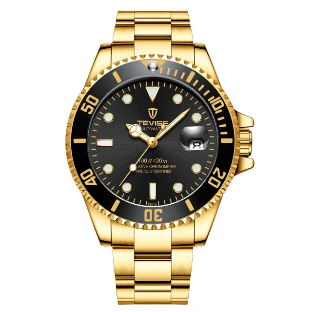 gold black Модный бренд TEVISE зеленая вода Призрак для мужчин Stailness сталь Автоматические механические/Кварцевые часы для мужчин светящиеся Бизнес наручные часы - Цвет: gold black