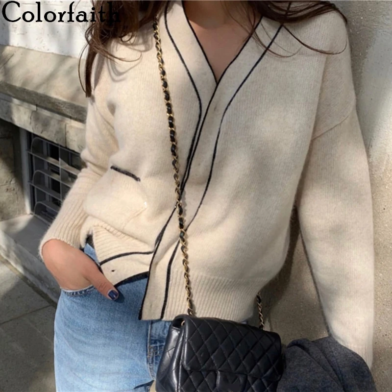 

Colorfaith 2021 Winter Spring Women's Sweaters Loose Fashionable Knitwear Korean Knitted Ladies Covered Button Cardigans SWC7752