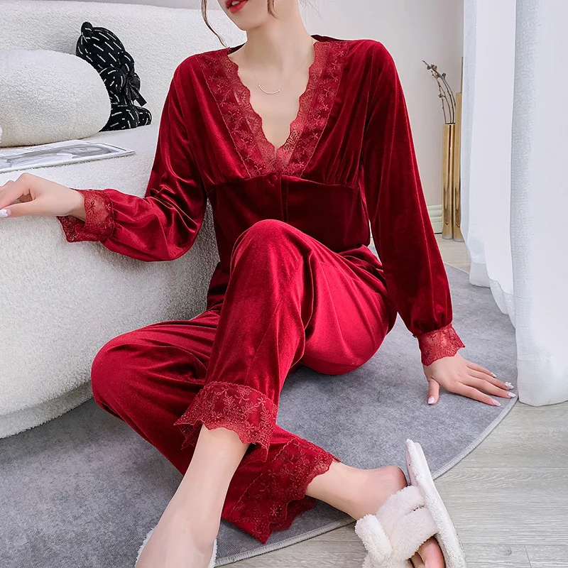 

V-Neck Burgundy Women Sleep Set Autumn New Velour Homewear 2PCS Pajamas Suit Casual Nightwear Home Clothing Novelty Pyjamas