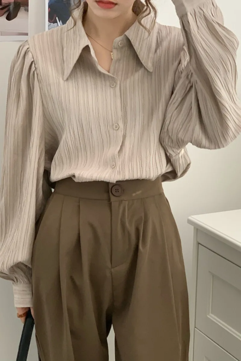 

Bubble Sleeve Blue Casual Shirt Women's 2021 New Design Lapel Loose Shirt