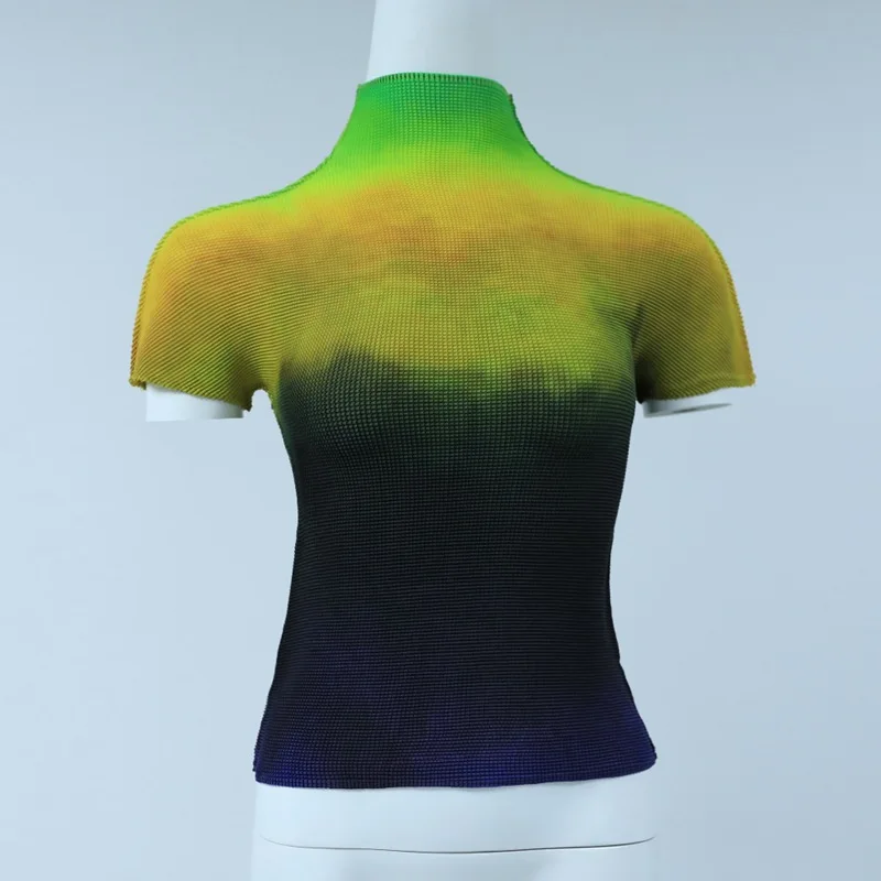 

High Quality Pleated Top Women's 2021 Summer New Turtleneck Gradient Printed Short Sleeve Thin T-shirt Yh10
