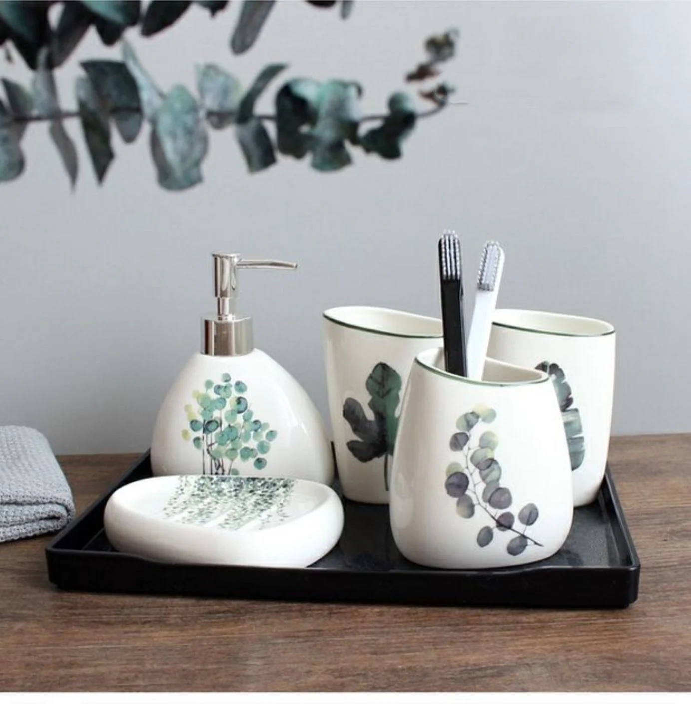 

6pcs Nordic Bathroom Accessories Set Mouthwash Cup Soap Dish Toothbrush Holder Household Beautiful Plant Pattern Washing Tools