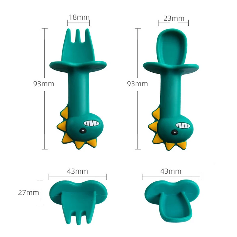 

Baby Learning Spoon Fork Set Short Handle Easy Spoon Soft Silicone Utensils Teether Toy Feeding Cutlery Dinosaur Spoon Tableware